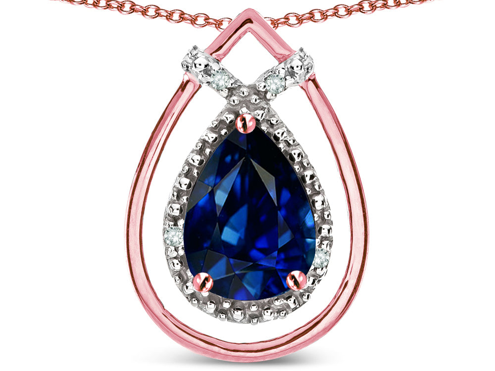 Star K 8x6 Pear Shape Created Sapphire Halo Pendant Necklace