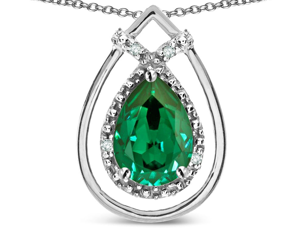Star K 8x6 Pear Shape Simulated Emerald Halo Pendant Necklace