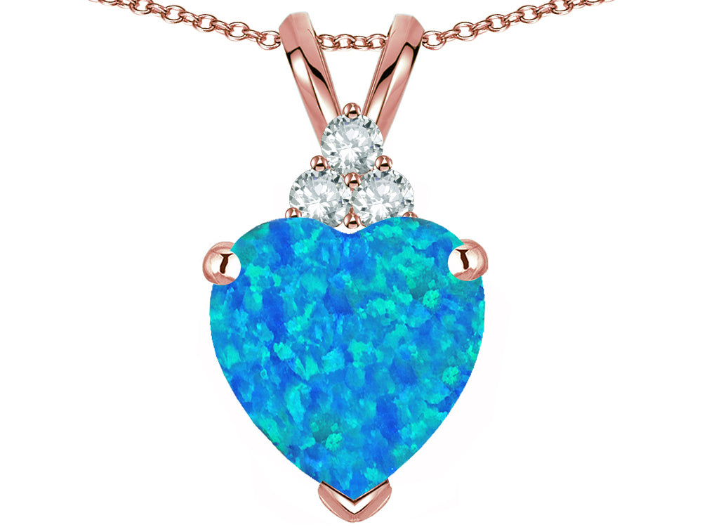 Star K 8mm Heart Shape Blue Created Opal Three Stone Pendant Necklace