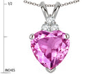 Star K 8mm Heart Shape Created Pink Sapphire Three Stone Pendant Necklace