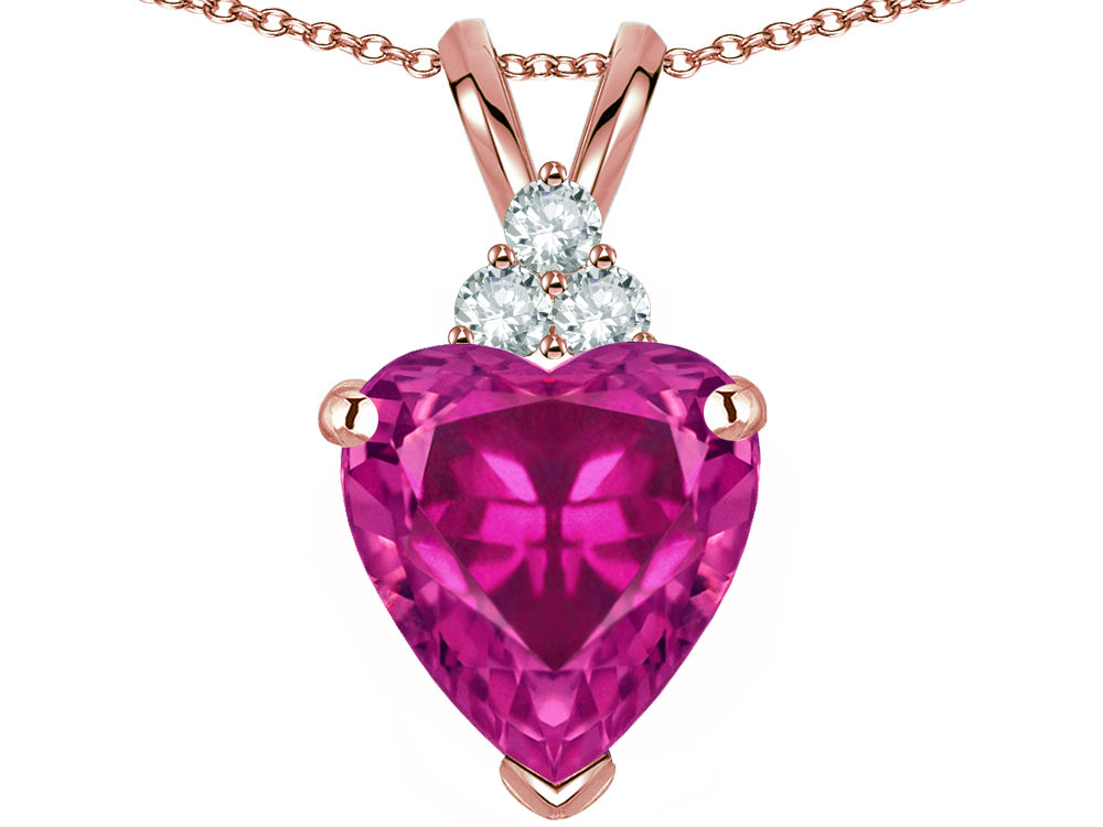 Star K 8mm Heart Shape Simulated Pink Tourmaline Three Stone Pendant Necklace