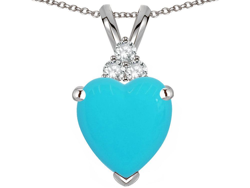 Star K 8mm Heart Shape Simulated Turquoise Three Stone Pendant Necklace