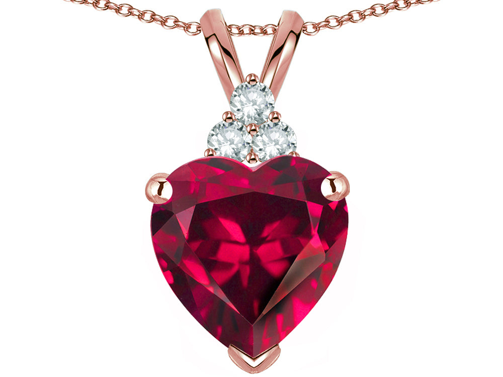 Star K 8mm Heart Shape Created Ruby Three Stone Pendant Necklace
