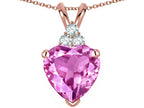 Star K 8mm Heart Shape Created Pink Sapphire Three Stone Pendant Necklace