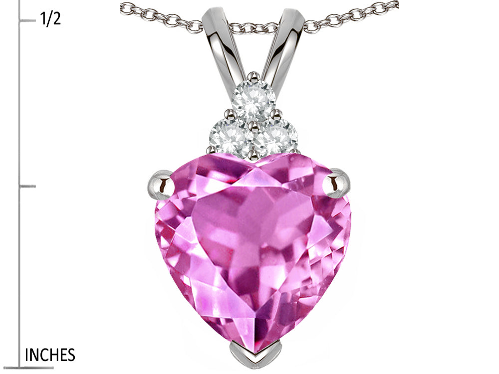 Star K 8mm Heart Shape Created Pink Sapphire Three Stone Pendant Necklace