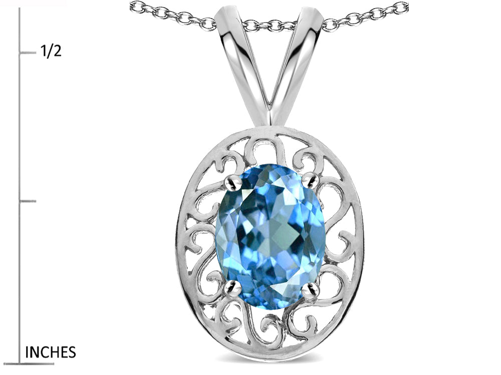 Star K  Vintage Style Filigree Oval 6x4mm Genuine Blue Topaz Pendant Necklace