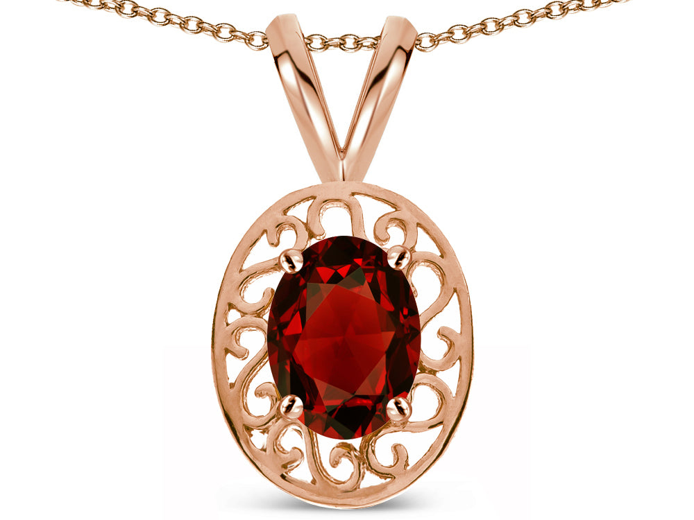 Star K  Vintage Style Filigree Oval 6x4mm Genuine Garnet Pendant Necklace