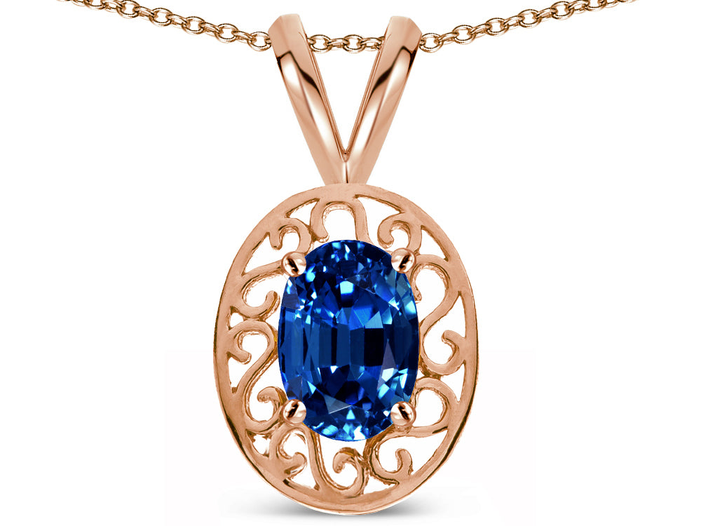 Star K  Vintage Style Filigree Oval 6x4mm Created Sapphire Pendant Necklace