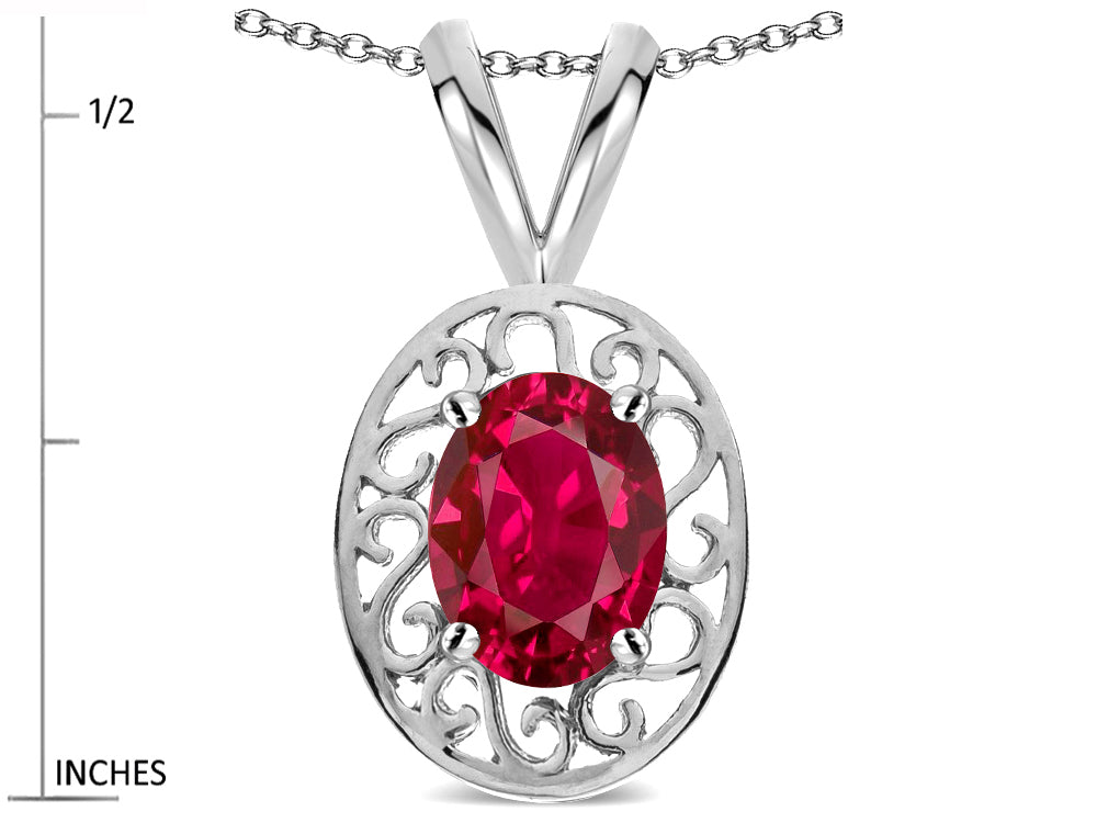 Star K  Vintage Style Filigree Oval 6x4mm Created Ruby Pendant Necklace