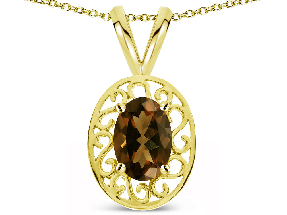 Star K  Vintage Style Filigree Oval 6x4mm Genuine Smoky Quartz Pendant Necklace