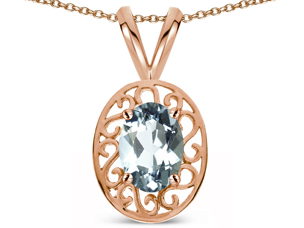 Star K  Vintage Style Filigree Oval 6x4mm Genuine Aquamarine Pendant Necklace