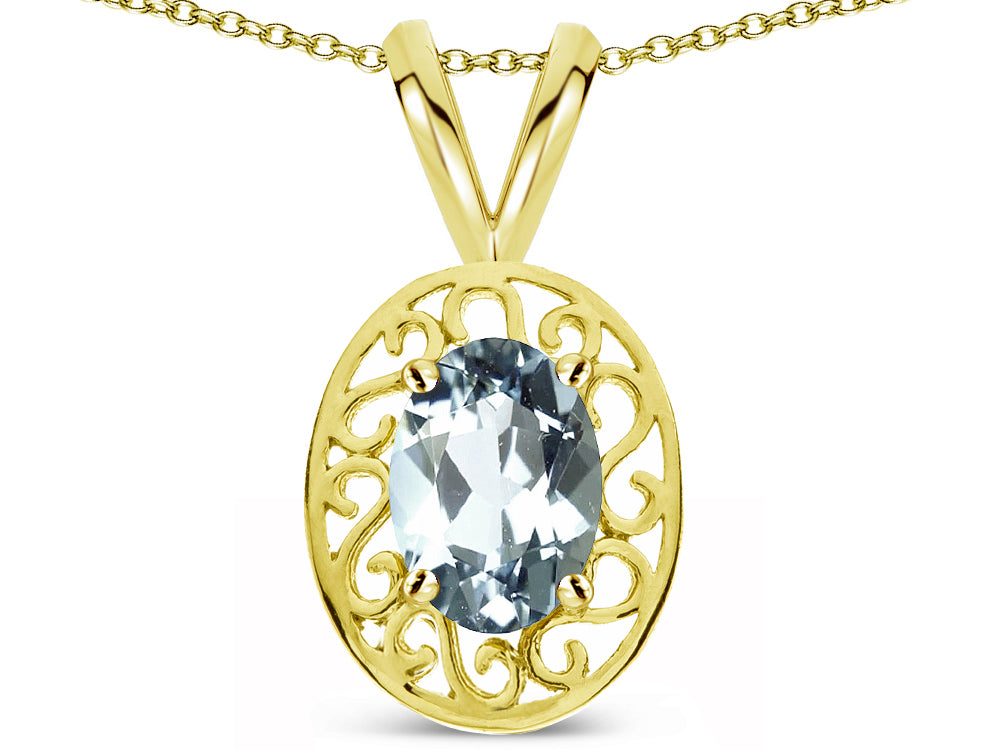 Star K  Vintage Style Filigree Oval 6x4mm Genuine Aquamarine Pendant Necklace
