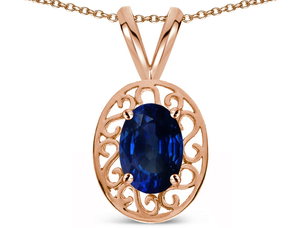 Star K  Vintage Style Filigree Oval 6x4mm Genuine Sapphire Pendant Necklace