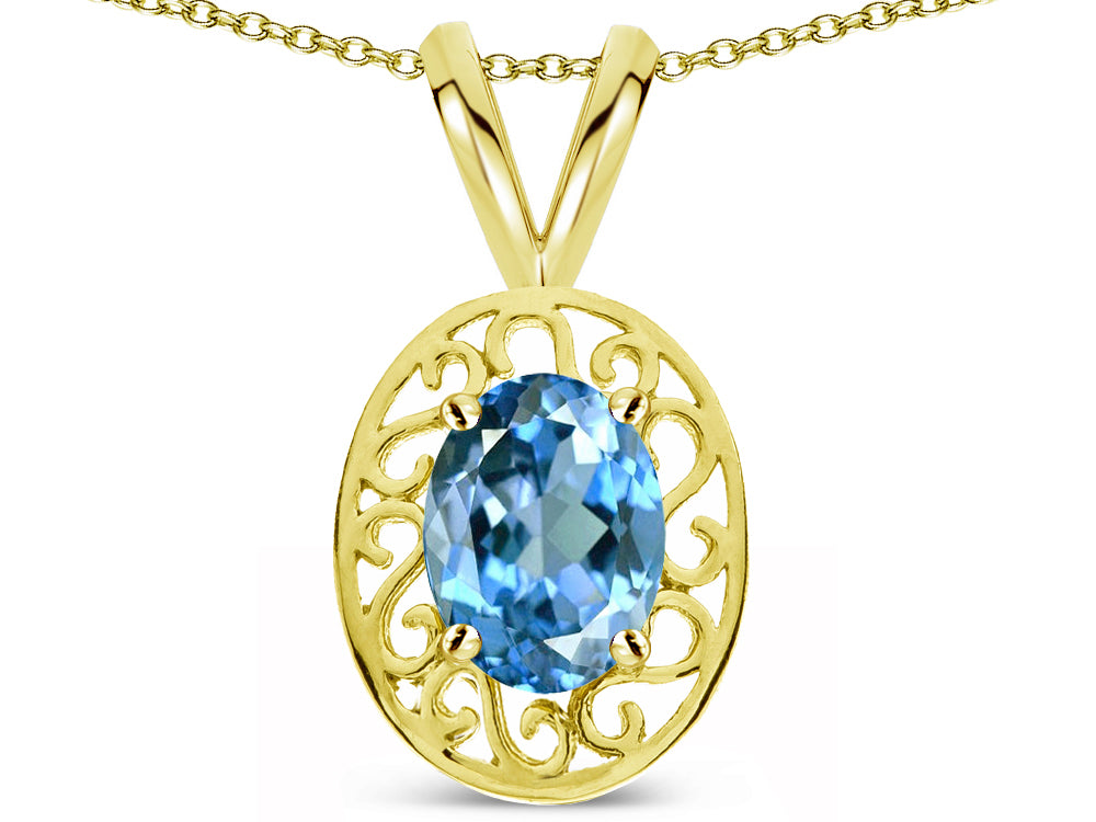 Star K  Vintage Style Filigree Oval 6x4mm Genuine Blue Topaz Pendant Necklace