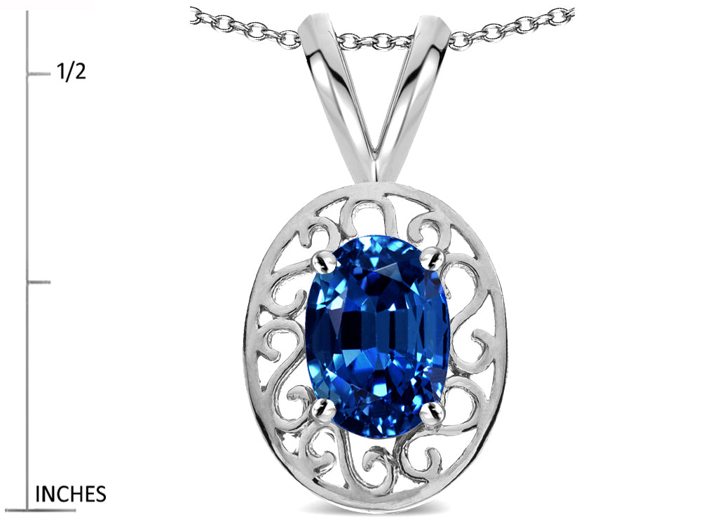 Star K  Vintage Style Filigree Oval 6x4mm Created Sapphire Pendant Necklace