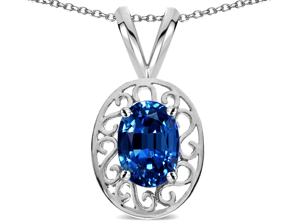 Star K  Vintage Style Filigree Oval 6x4mm Created Sapphire Pendant Necklace