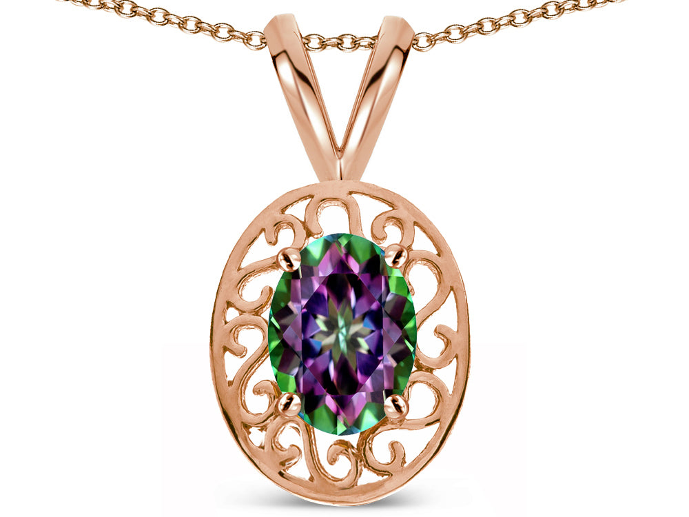 Star K  Vintage Style Filigree Oval 6x4mm Rainbow Mystic Topaz Pendant Necklace