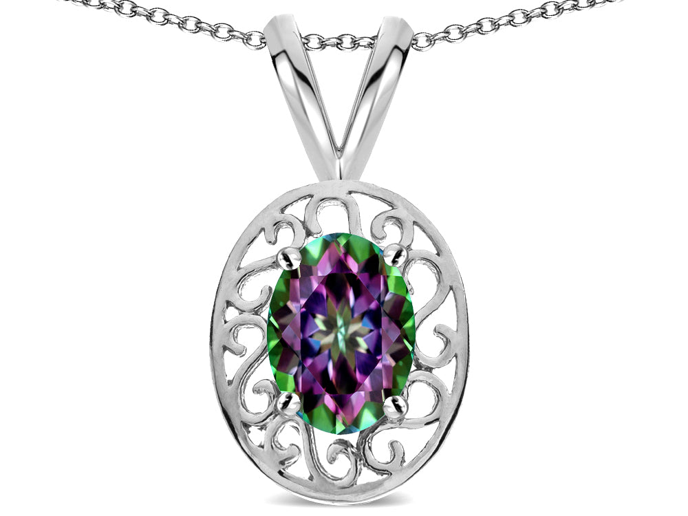 Star K  Vintage Style Filigree Oval 6x4mm Rainbow Mystic Topaz Pendant Necklace