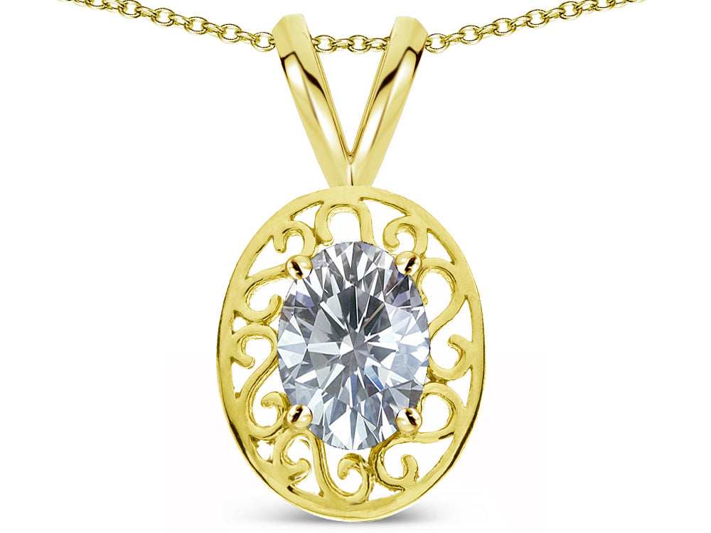 Star K  Vintage Style Filigree Oval 6x4mm Genuine White Topaz Pendant Necklace