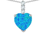 Star K  8mm Heart Shaped Blue Created Opal Three Stone Pendant Necklace