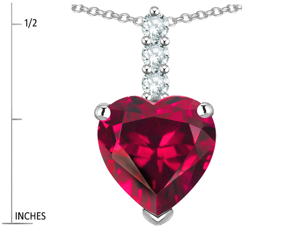 Star K  8mm Heart Shaped Created Ruby Three Stone Pendant Necklace
