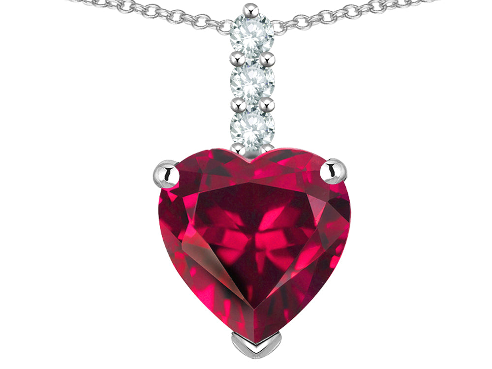 Star K  8mm Heart Shaped Created Ruby Three Stone Pendant Necklace