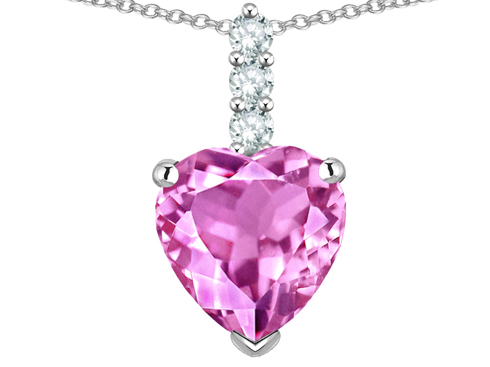 Star K  8mm Heart Shaped Created Pink Sapphire Three Stone Pendant Necklace