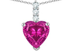 Star K  8mm Heart Shaped Simulated Pink Tourmaline Three Stone Pendant Necklace