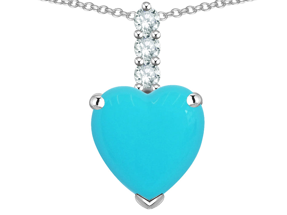 Star K  8mm Heart Shaped Simulated Turquoise Three Stone Pendant Necklace