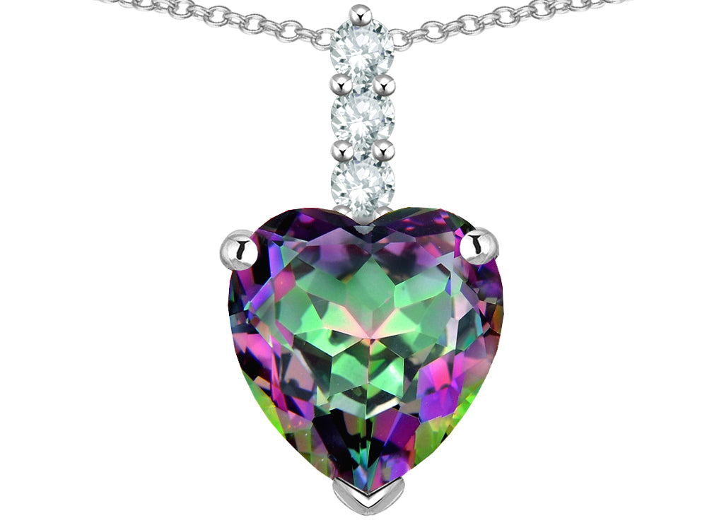 Star K  8mm Heart Shaped Rainbow Mystic Topaz Three Stone Pendant Necklace