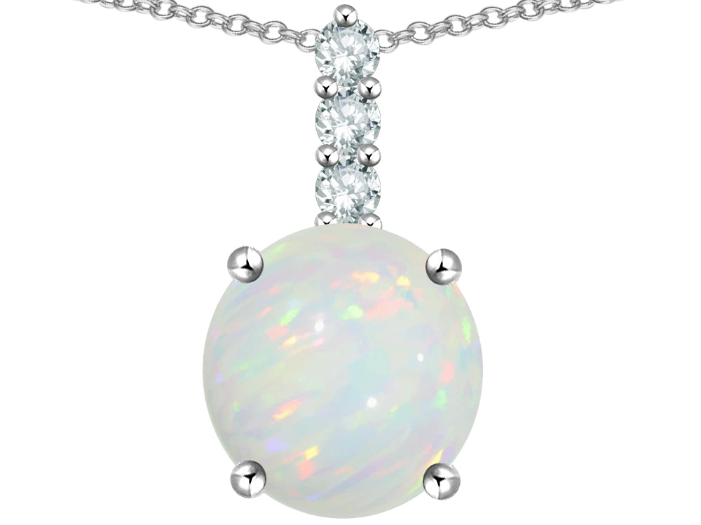 Star K  7mm Round Genuine Opal Three Stone Pendant Necklace