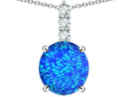 Star K  7mm Round Blue Created Opal Three Stone Pendant Necklace