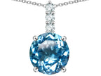Star K  7mm Round Genuine Blue Topaz Three Stone Pendant Necklace