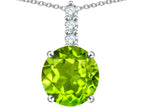 Star K  7mm Round Genuine Peridot Three Stone Pendant Necklace