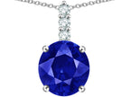 Star K  7mm Round Created Sapphire Three Stone Pendant Necklace