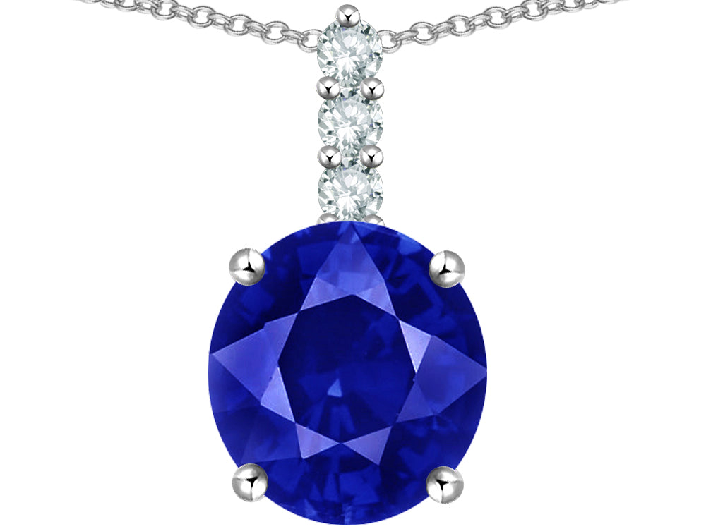 Star K  7mm Round Created Sapphire Three Stone Pendant Necklace