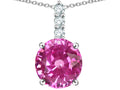 Star K  7mm Round Created Pink Sapphire Three Stone Pendant Necklace