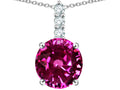 Star K  7mm Round Simulated Pink Tourmaline Three Stone Pendant Necklace