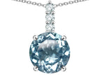Star K  7mm Round Simulated Aquamarine Three Stone Pendant Necklace