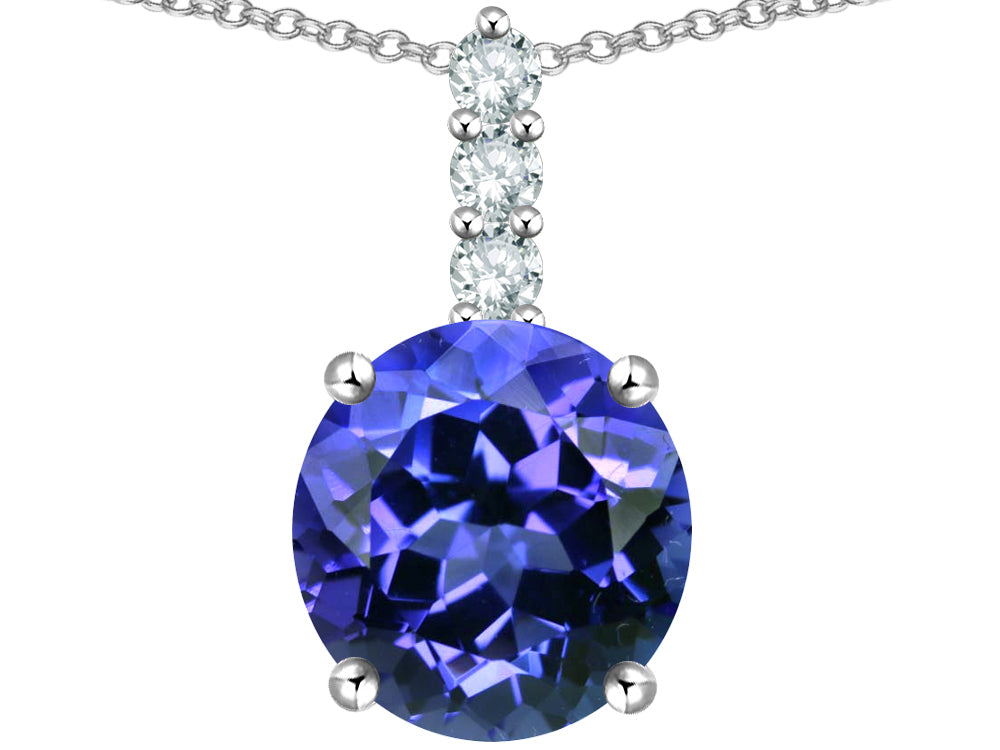 Star K  7mm Round Simulated Tanzanite Three Stone Pendant Necklace