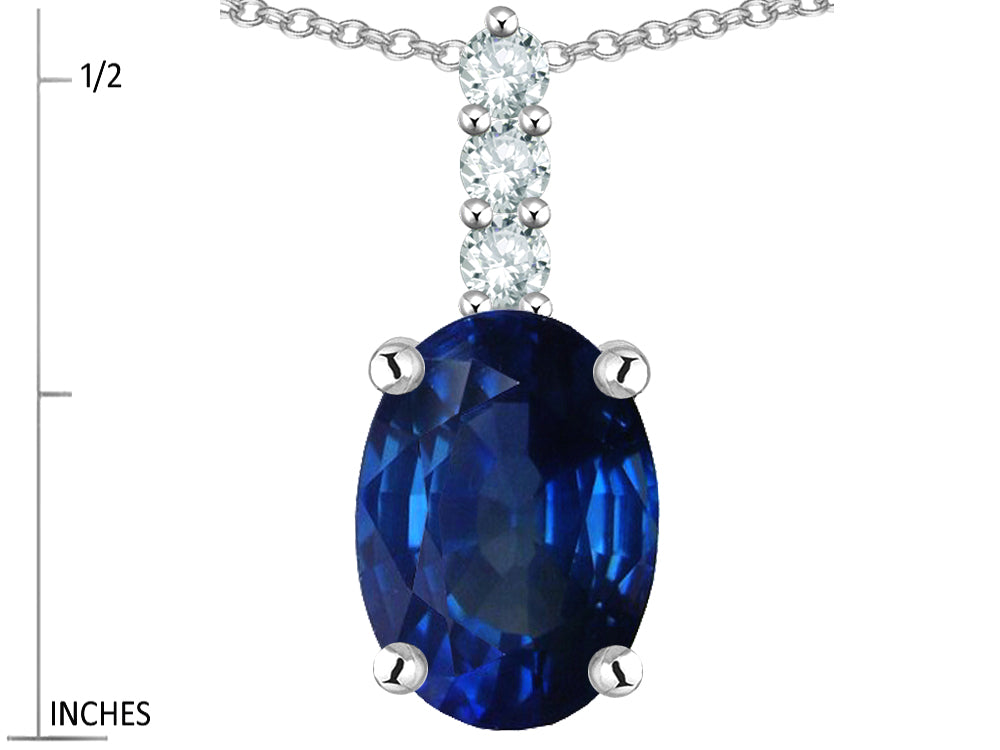 Star K  8x6mm Oval Created Sapphire Three Stone Pendant Necklace