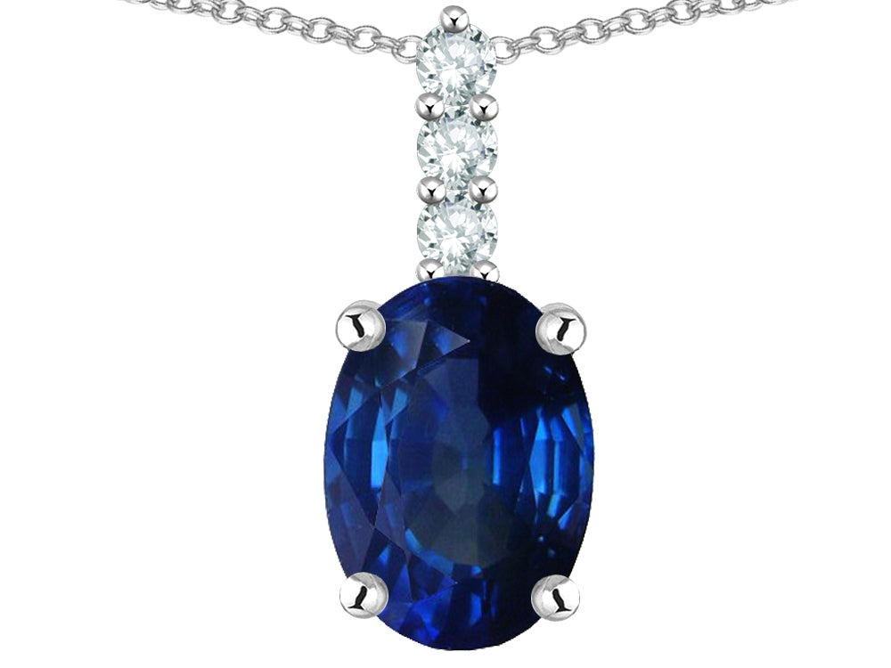 Star K  8x6mm Oval Created Sapphire Three Stone Pendant Necklace