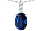 Star K  8x6mm Oval Created Sapphire Three Stone Pendant Necklace