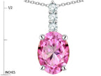 Star K  8x6mm Oval Created Pink Sapphire Three Stone Pendant Necklace