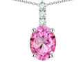 Star K  8x6mm Oval Created Pink Sapphire Three Stone Pendant Necklace
