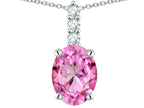 Star K  8x6mm Oval Created Pink Sapphire Three Stone Pendant Necklace