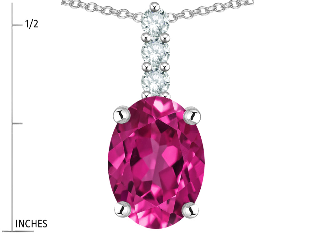 Star K  8x6mm Oval Simulated Pink Tourmaline Three Stone Pendant Necklace