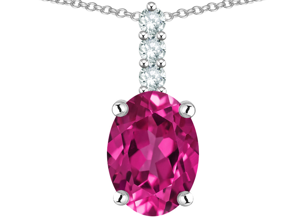 Star K  8x6mm Oval Simulated Pink Tourmaline Three Stone Pendant Necklace