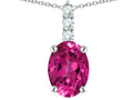 Star K  8x6mm Oval Simulated Pink Tourmaline Three Stone Pendant Necklace
