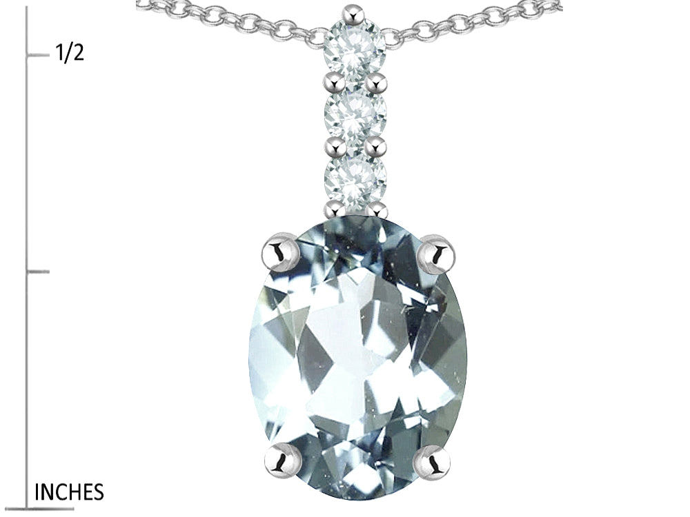Star K  8x6mm Oval Genuine Aquamarine Three Stone Pendant Necklace